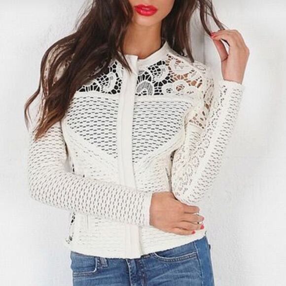 IRO Lewis Ivory Lace-Leather Crochet Jacket Size 1 Small US Zipper Closure